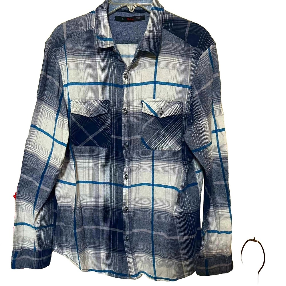 Stoic Mens XL Blue White Plaid Flannel Button Down Shirt Cotton Gorpcore western